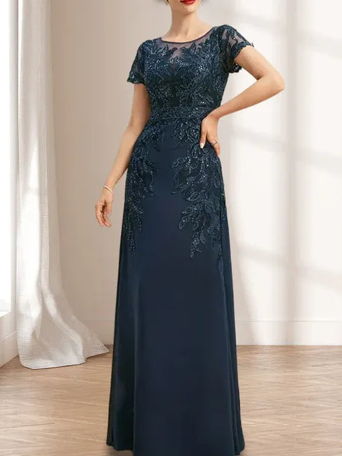 Floor-Length Lace Chiffon Mother of the Bride Dress with Sheath/Column Scoop Illusion and Sequins