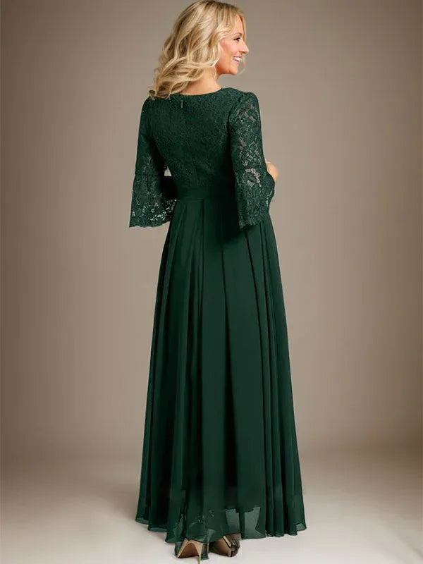 A-Line Scoop Neck Ankle-Length Lace Chiffon Mother of the Bride Dress with Bow
