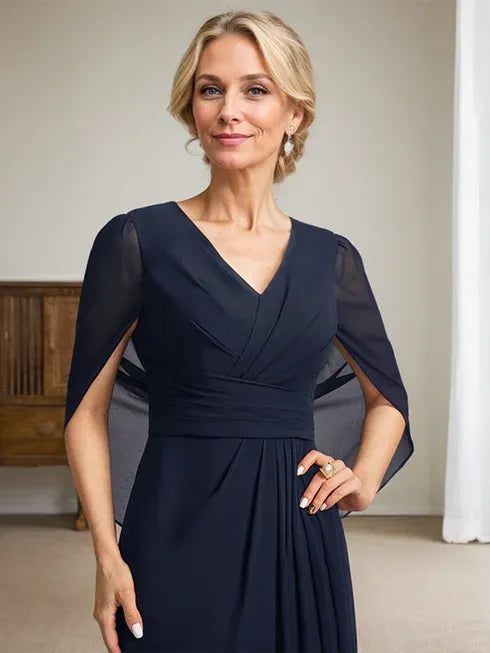 Dark Navy A-Line V-Neck Long Mother of the Bride Dress