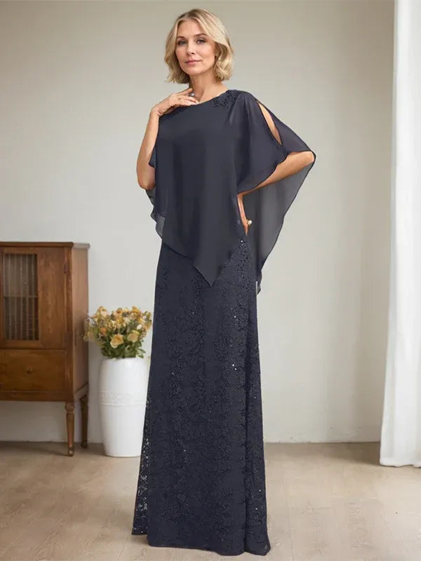 Floor-Length Chiffon Lace Sheath Dress with Sequins and Beading for Mother of the Bride