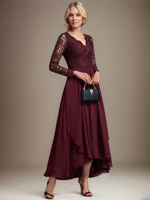 A-Line V-Neck Asymmetrical Lace Chiffon Mother of the Bride Dress