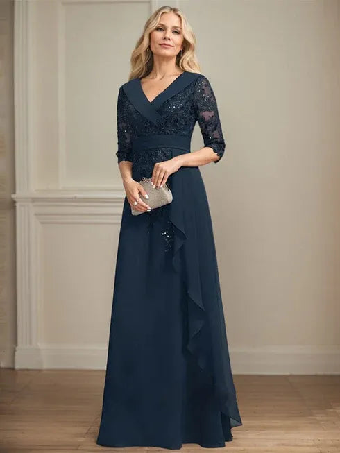 A-Line Collared V-Neck Floor-Length Lace Chiffon Mother of the Bride Dress with Sequins and Cascading Ruffles