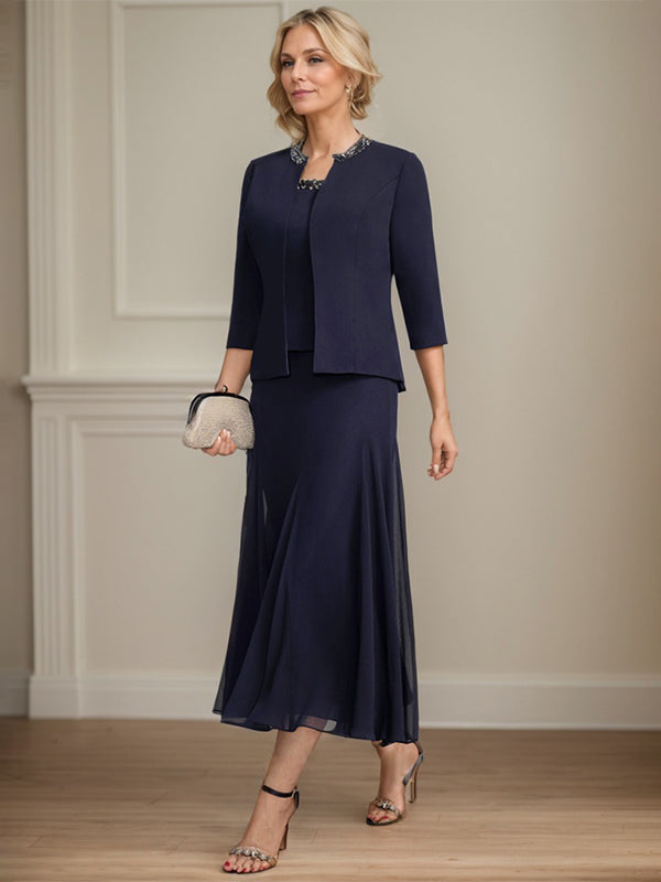 A-line Scoop Tea-Length Chiffon Mother of the Bride Dress with Sequins and Beading Separates