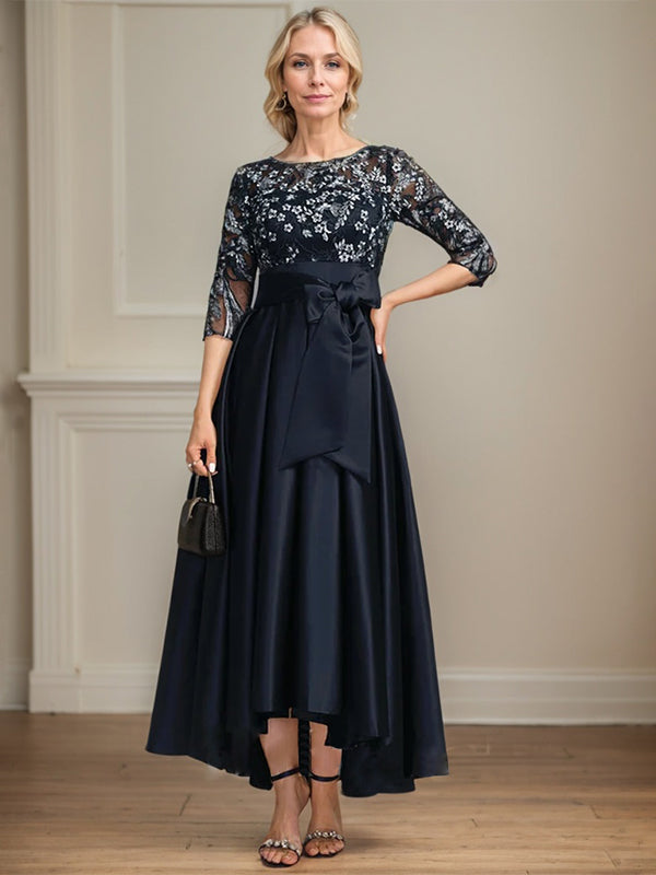 A-Line Scoop Neck Illusion Asymmetrical Satin Lace Mother of the Bride Dress with Bow