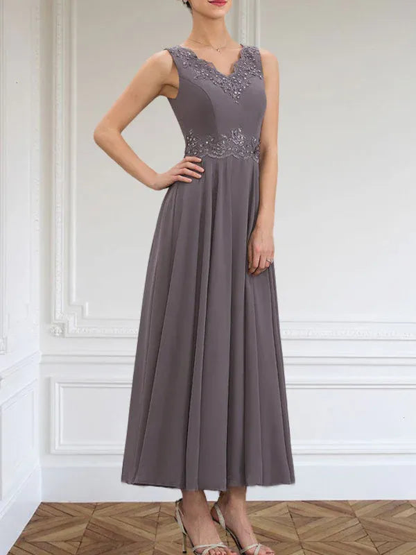 A-Line V-Neck Chiffon Mother of the Bride Dress with Sequins, Appliques, Lace, and Beading at Ankle Length