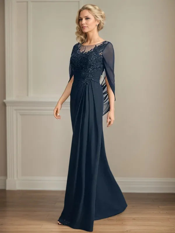 A-Line Scoop 3/4 Sleeve Chiffon Mother of the Bride Dress with Appliqués