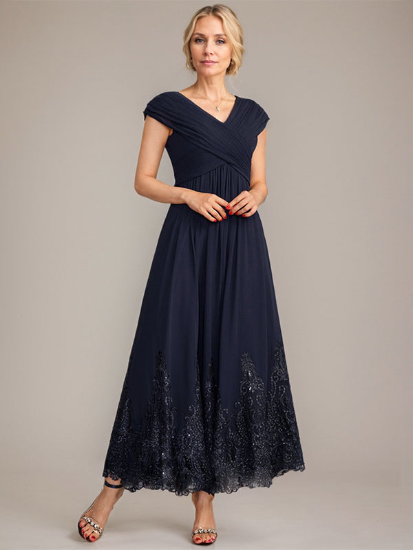 A-Line V-Neck Chiffon Mother of the Bride Dress with Appliqué and Sequins, Ankle-Length