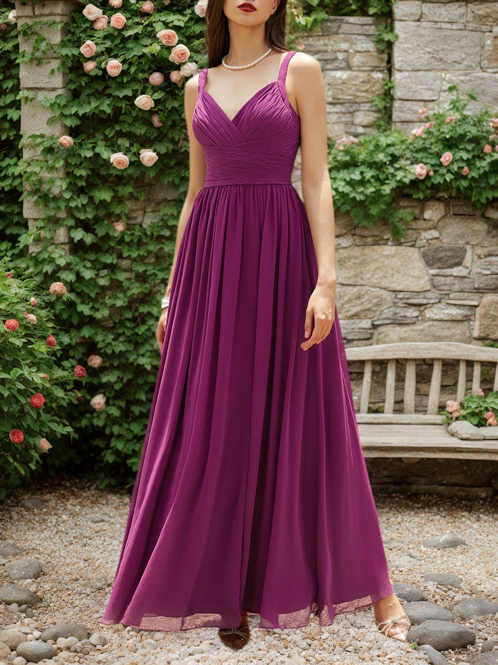 Purple Pleated Chiffon A-Line Maxi Bridesmaid Dress with Spaghetti Straps
