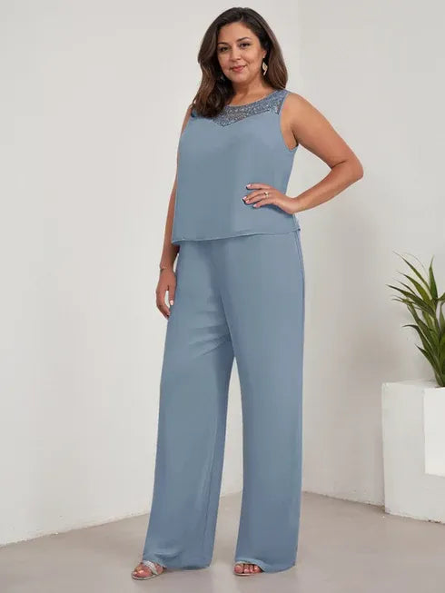 Chiffon Scoop Neck Long Sleeve Mother of the Bride Pantsuit with Jacket