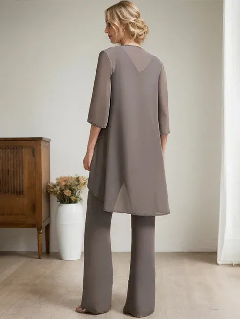 Floor-Length Chiffon Lace Mother of the Bride Jumpsuit/Pantsuit with Scoop Neck, Beading, and Sequins