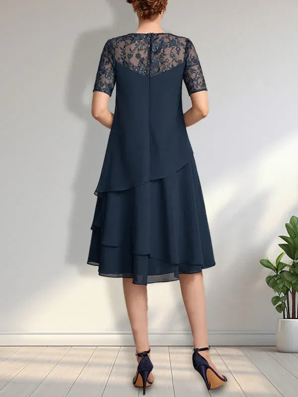 A-Line Scoop Neck Illusion Knee-Length Lace Chiffon Mother of the Bride Dress with Sequins