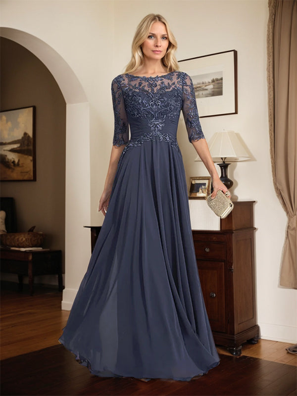 A-Line Scoop Neck Illusion Floor-Length Chiffon and Lace Mother of the Bride Dress with Pleated Sequins