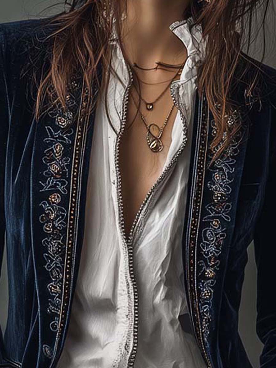 Women's Vintage Navy Embroidered Longline Jacket