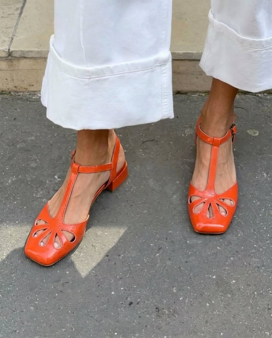 Isadora – Block Cut-Out Floral Square-Toe T-Strap Heels