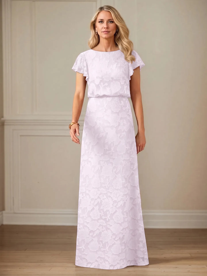 A-Line Boat Neck Short Sleeve Floral Burnout Mother of the Bride Dress