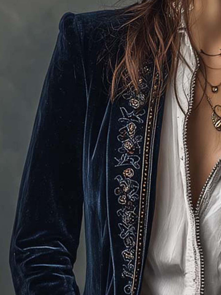 Women's Vintage Navy Embroidered Longline Jacket