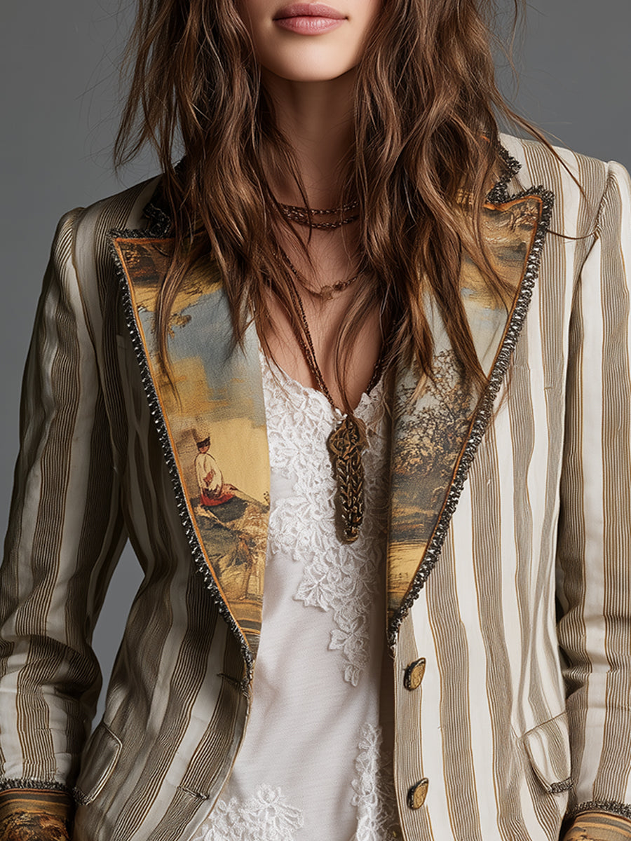 Women's Boho Striped Printed Lapel Blazer