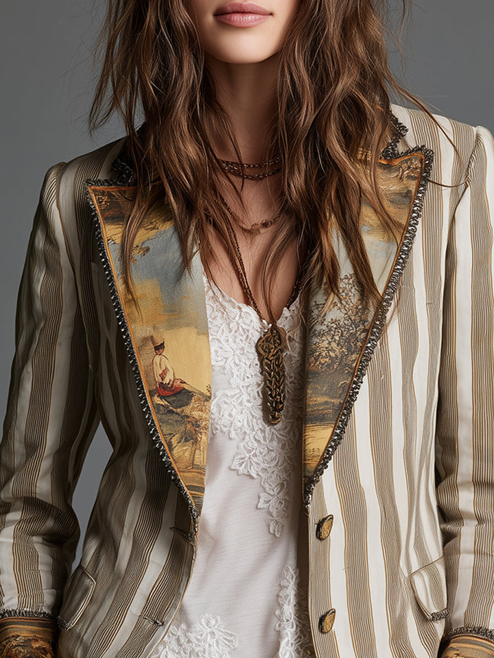 Women's Boho Striped Printed Lapel Blazer