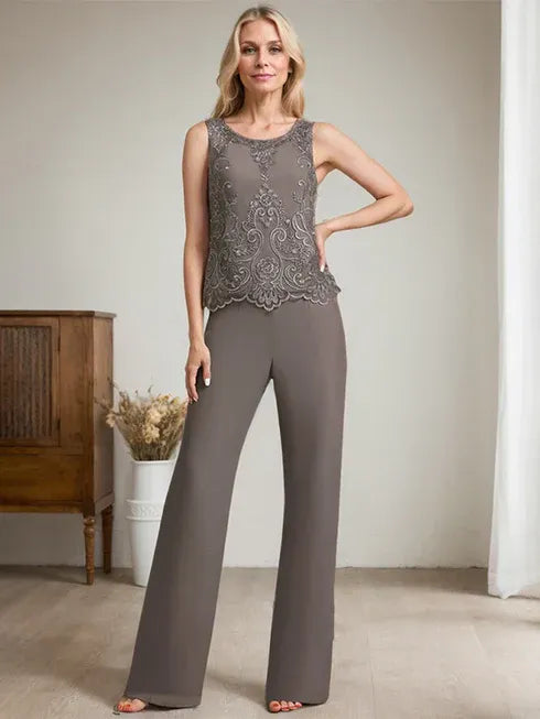 Floor-Length Chiffon Lace Mother of the Bride Jumpsuit/Pantsuit with Scoop Neck, Beading, and Sequins