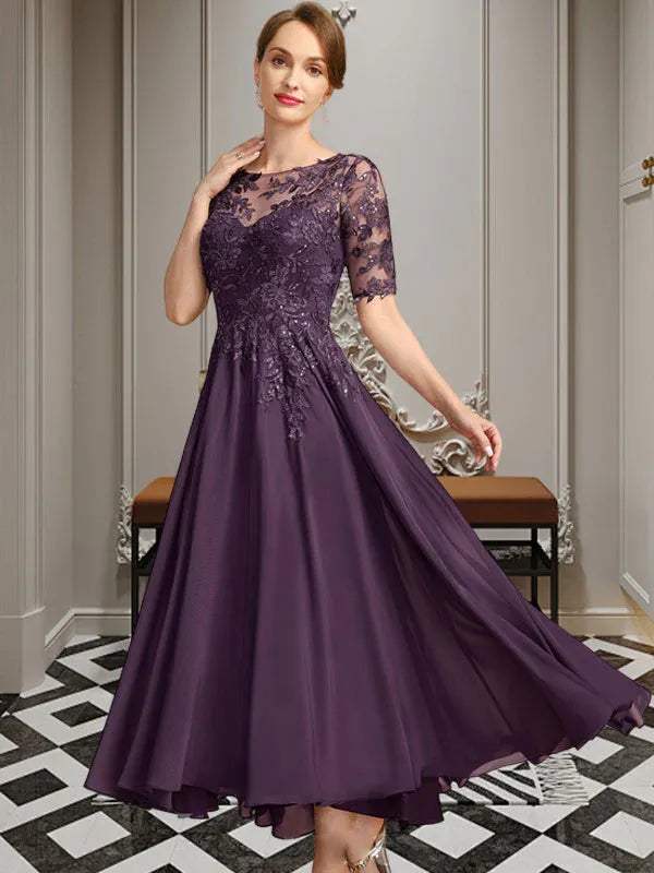 A-Line Scoop Neck Illusion Asymmetrical Chiffon and Lace Mother of the Bride Dress with Sequins