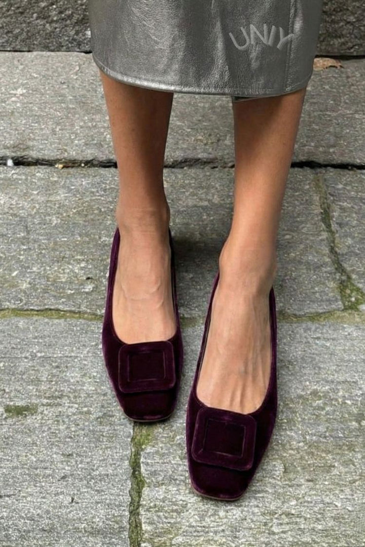 Natalia | Square-Toe Velvet Buckle Flats