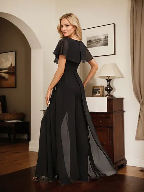 V-Neck Floor-Length Chiffon Jumpsuit/Pantsuit Evening Dress