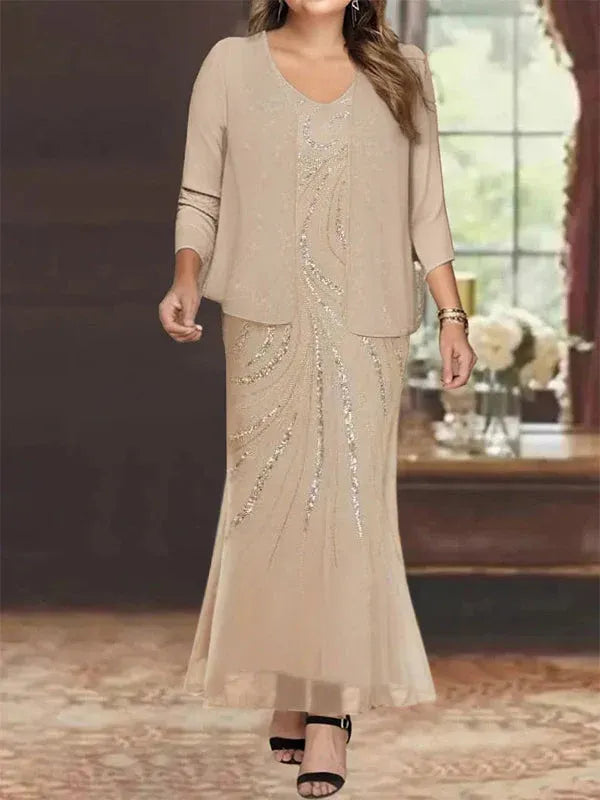 V-Neck Sheath/Mother of the Bride Ankle-Length Dress with Jacket & Sequins