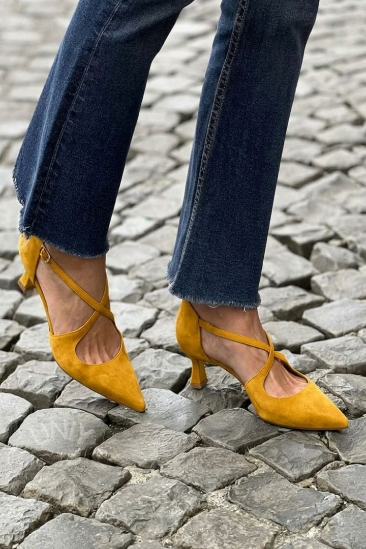 Irene | Low Pointed-Toe Solid Buckle Crossover Strap Heels