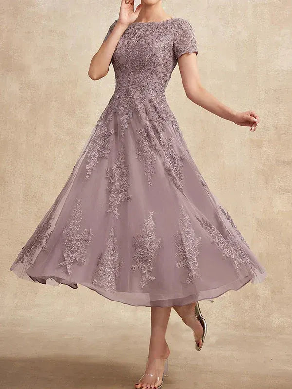 A-Line Scoop Neck Tea-Length Tulle Lace Mother of the Bride Dress