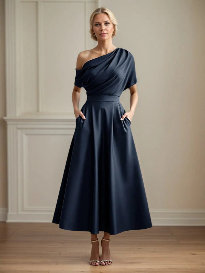 One-Shoulder Satin A-Line Pleated Ankle-Length Mother of the Bride Dress