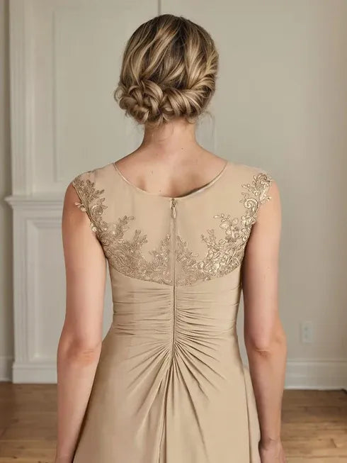 Champagne A-Line Lace and Chiffon Scoop Neck Dress