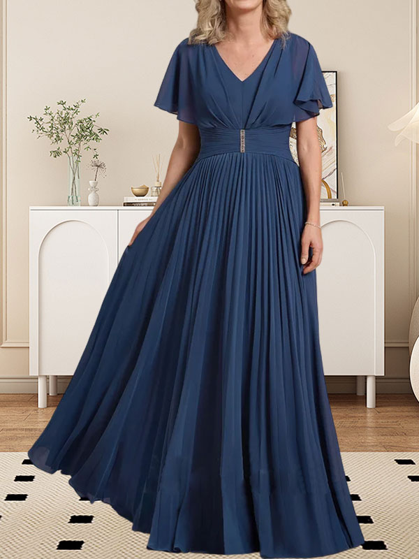 A-Line V-Neck Floor-Length Chiffon Mother of the Bride Dress with Crystal Brooch and Pleated Design