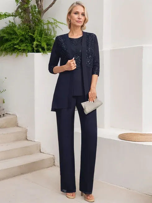 Floor-Length Chiffon Lace Jumpsuit and Pantsuit Separates with Sequins – Perfect Mother of the Bride Dress