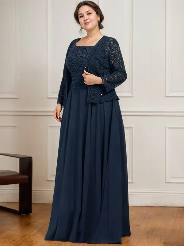 A-Line Square Neck Floor-Length Lace and Chiffon Mother of the Bride Dress with Sequins