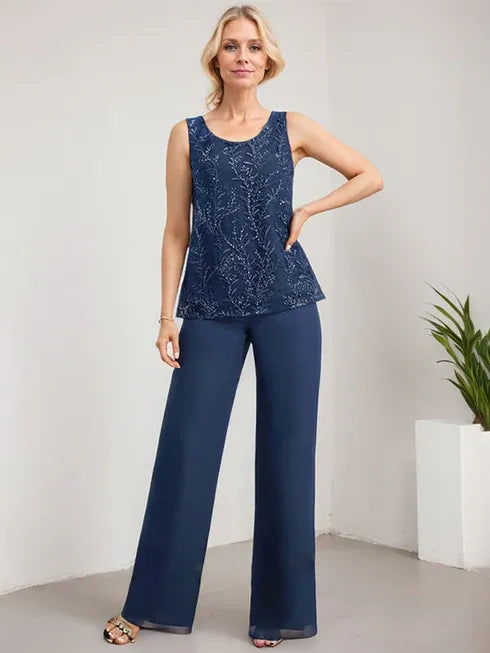 Floor-Length Lace Chiffon Mother of the Bride Jumpsuit/Pantsuit with Scoop Neck and Sequins