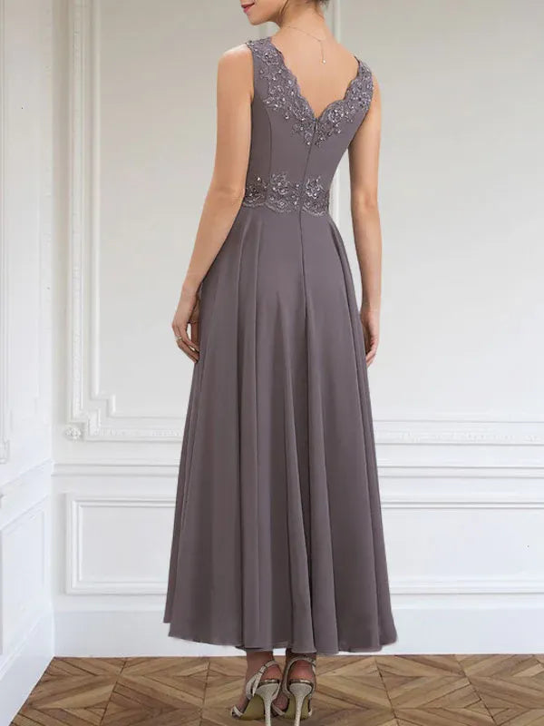 A-Line V-Neck Chiffon Mother of the Bride Dress with Sequins, Appliques, Lace, and Beading at Ankle Length