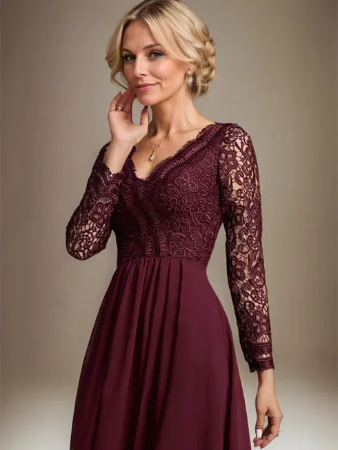 A-Line V-Neck Asymmetrical Lace Chiffon Mother of the Bride Dress