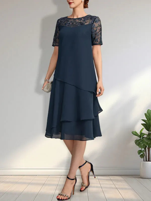 A-Line Scoop Neck Illusion Knee-Length Lace Chiffon Mother of the Bride Dress with Sequins