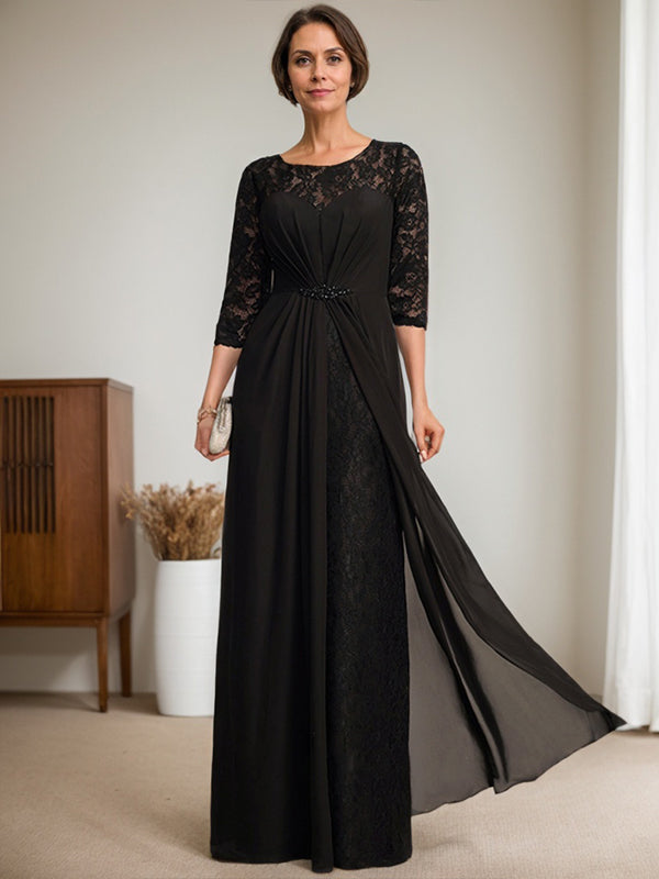 A-Line Scoop Neck Illusion Floor-Length Lace Chiffon Mother of the Bride Dress with Beaded Ruffles