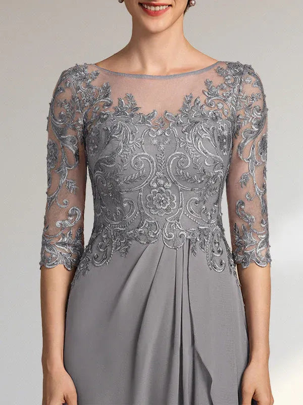 A-Line Scoop Illusion Floor-Length Chiffon and Lace Mother of the Bride Dress with Beading, Sequins, and Cascading Ruffles