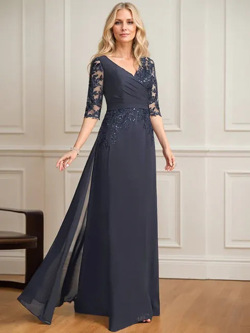 A-Line V-Neck Floor-Length Lace and Chiffon Mother of the Bride Dress with Pleated Sequins