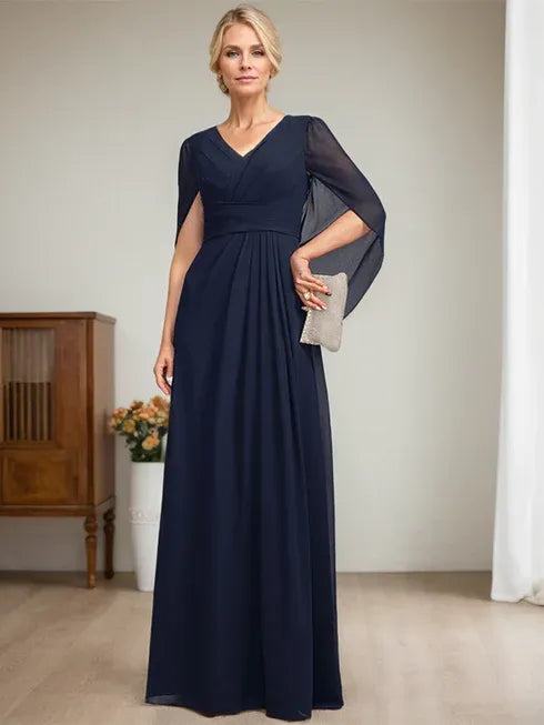 Dark Navy A-Line V-Neck Long Mother of the Bride Dress