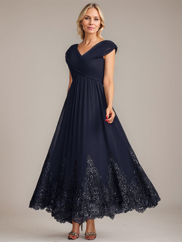 A-Line V-Neck Chiffon Mother of the Bride Dress with Appliqué and Sequins, Ankle-Length
