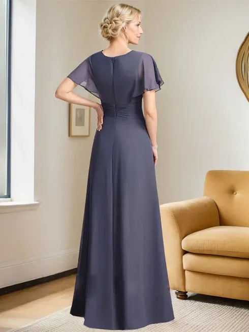 A-Line Scoop Neck Floor-Length Chiffon Mother of the Bride Dress with Pleated Beading