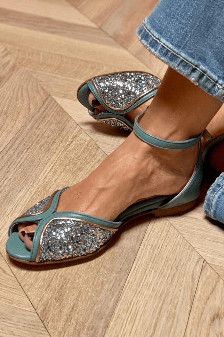 Jacqueline – Peep-Toe Glitter Patchwork Ankle Strap Buckle Sandals