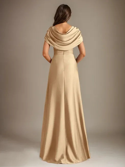 A-Line Scoop Neck Floor-Length Stretch Satin Mother of the Bride Dress with Cascading Ruffles