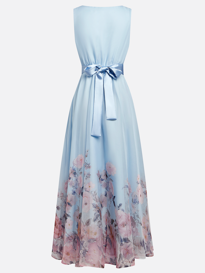 Light Blue Floral Chiffon V-Neck Sleeveless A-Line Maxi Dress