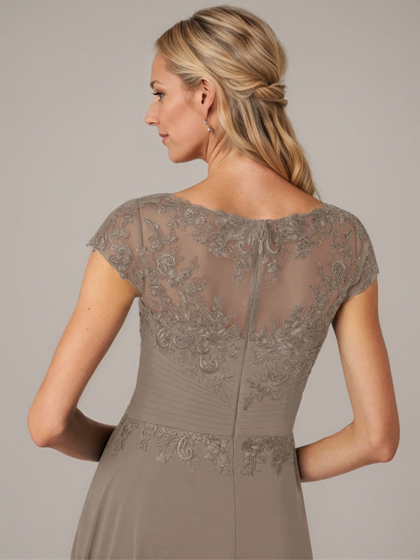 A-Line Boat Neck Illusion Asymmetrical Chiffon Lace Mother of the Bride Dress with Applique and Pleats