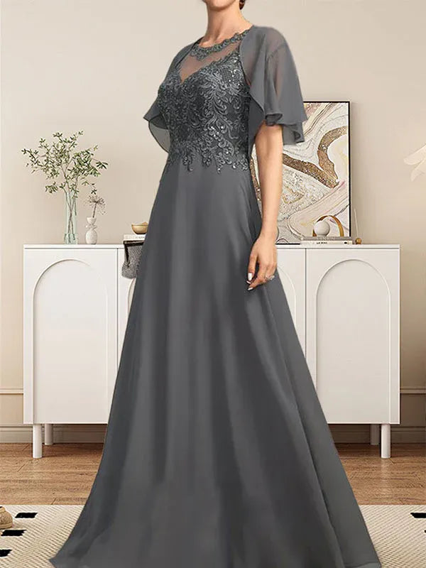 A-Line Scoop Neck Illusion Floor-Length Lace Chiffon Mother of the Bride Dress with Sequins