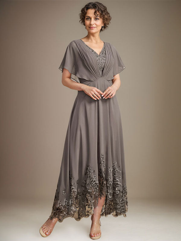 A-Line V-Neck Asymmetrical Lace Chiffon Mother of the Bride Dress with Pleats